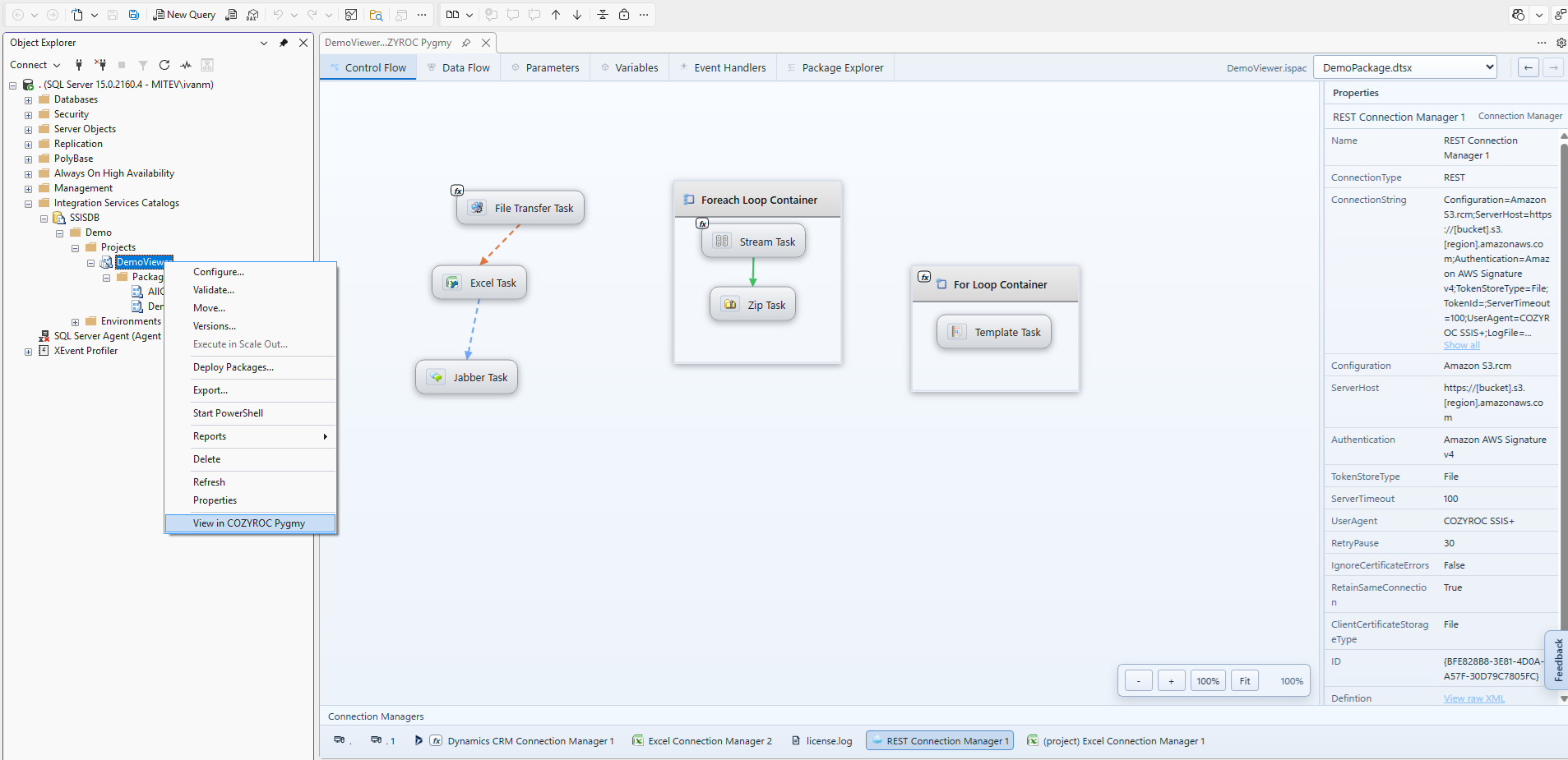 Screenshot for COZYROC Pygmy in SQL Server Management Studio